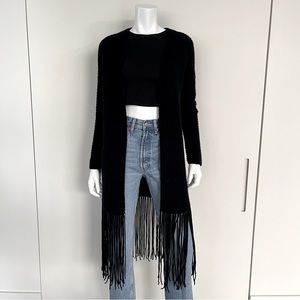 360 CASHMERE Open Ribbed cashmere/wool blend Cardigan w/ Long Fringe Hem Detail